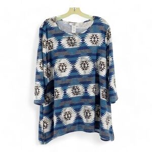 Moa Moa Women's Size 1X ~16W Blouse Blue Southwestern 3/4 Sleeve Ladies Plus Top